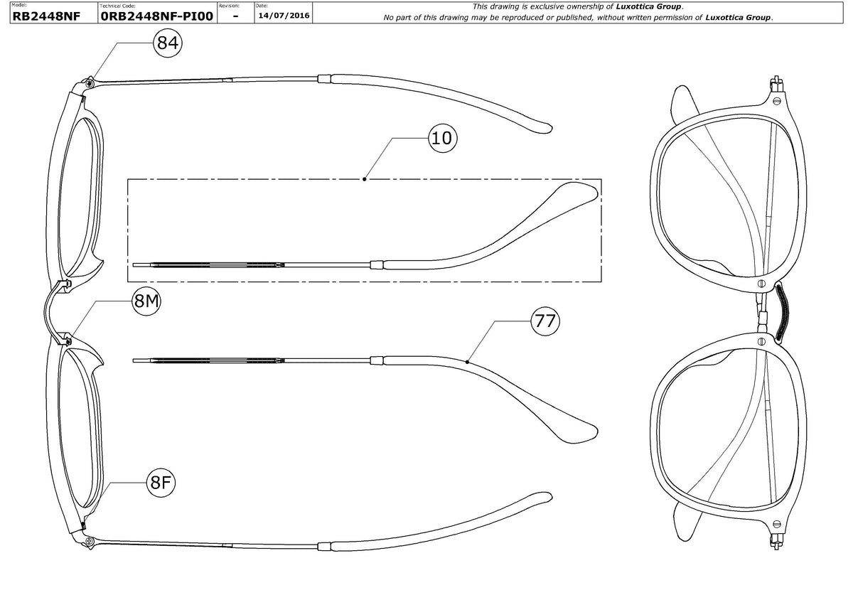 Exploded technical drawing of the Ray-Ban RB2448NF Replacement Parts, with each replacement part numbered