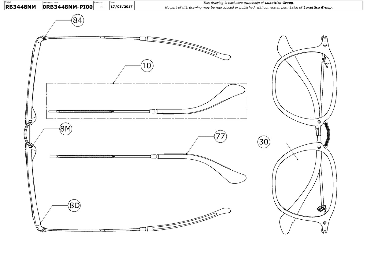 Enlarged technical drawing of the Ray-Ban Ferrari RB2448NM Replacement Parts