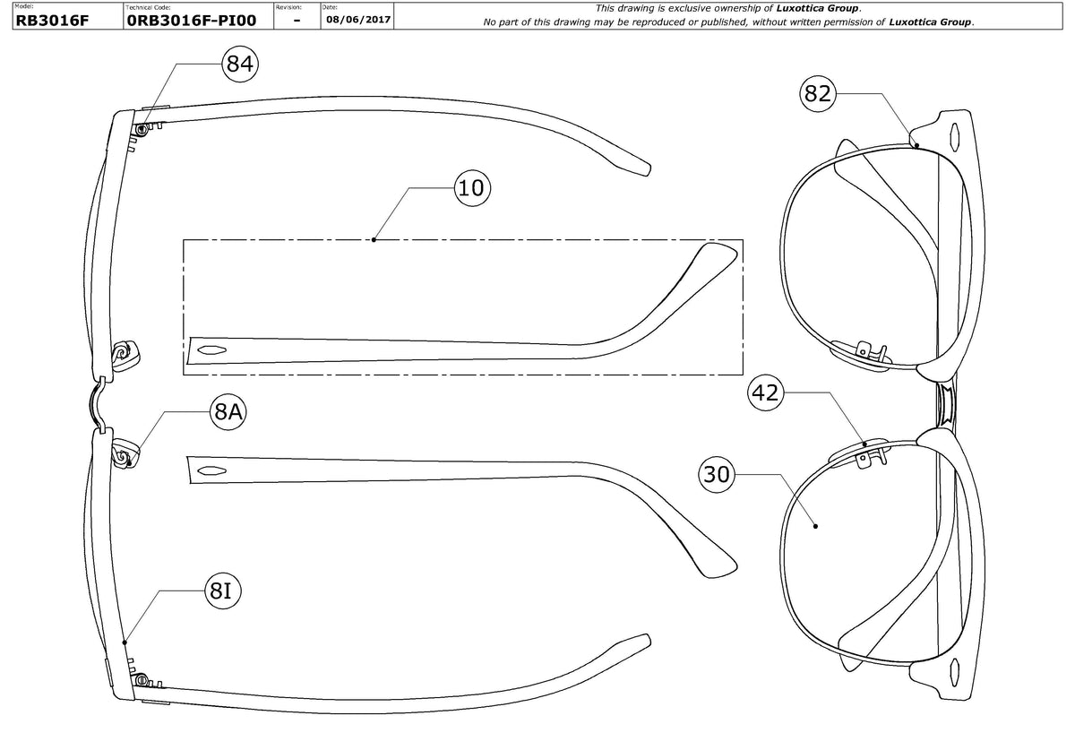 Exploded technical drawing of the Ray-Ban Clubmaster RB3016F Replacement Parts, with each replacement part numbered