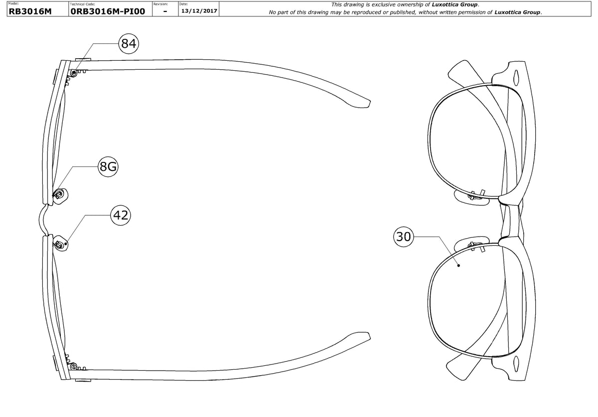 Exploded technical drawing of the Ray-Ban Clubmaster Wood RB3016M Replacement Parts, with each replacement part numbered
