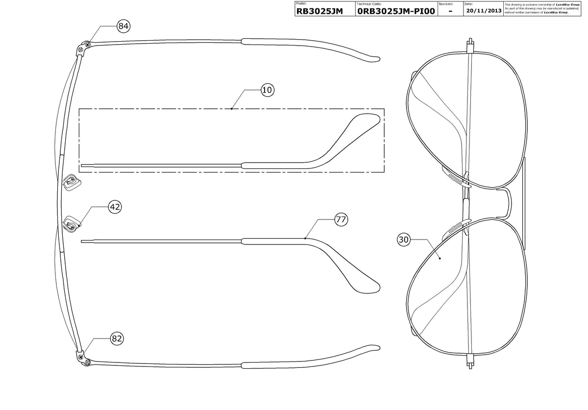 Exploded technical drawing of the Ray-Ban Aviator Full Color RB3025JM Replacement Parts, with each replacement part numbered