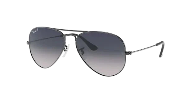 A pair of Ray-Ban Aviator sunglasses with a dark lens and metal frame, displaying the iconic Ray-Ban logo on the side.