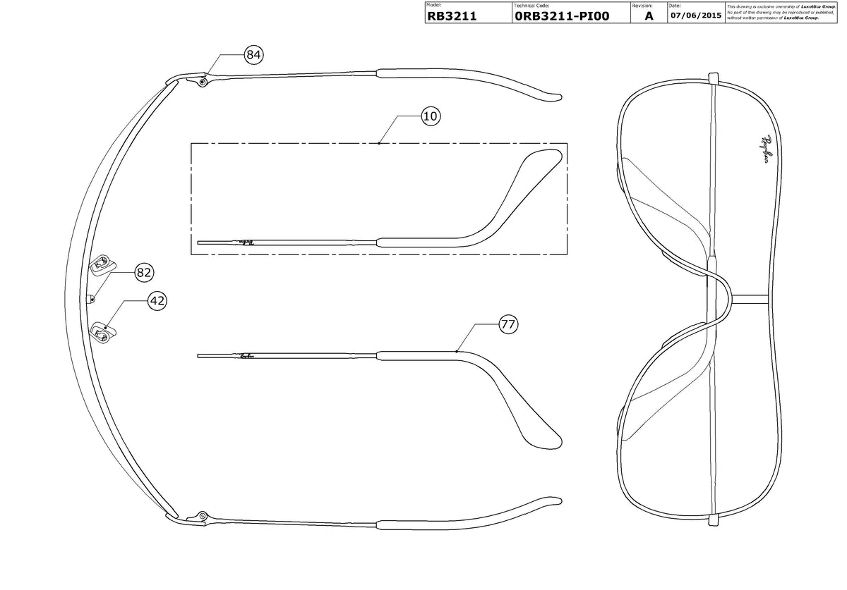 Exploded technical drawing of the Ray-Ban RB3211 Replacement Parts, with each replacement part numbered