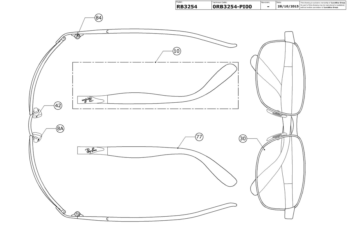 Exploded technical drawing of the Ray-Ban RB3254 Replacement Parts, with each replacement part numbered