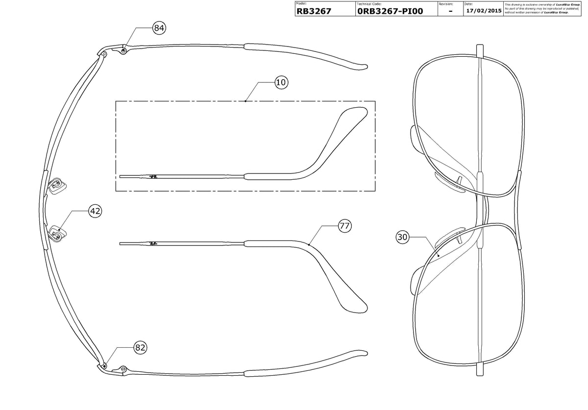Exploded technical drawing of the Ray-Ban RB3267 Replacement Parts, with each replacement part numbered
