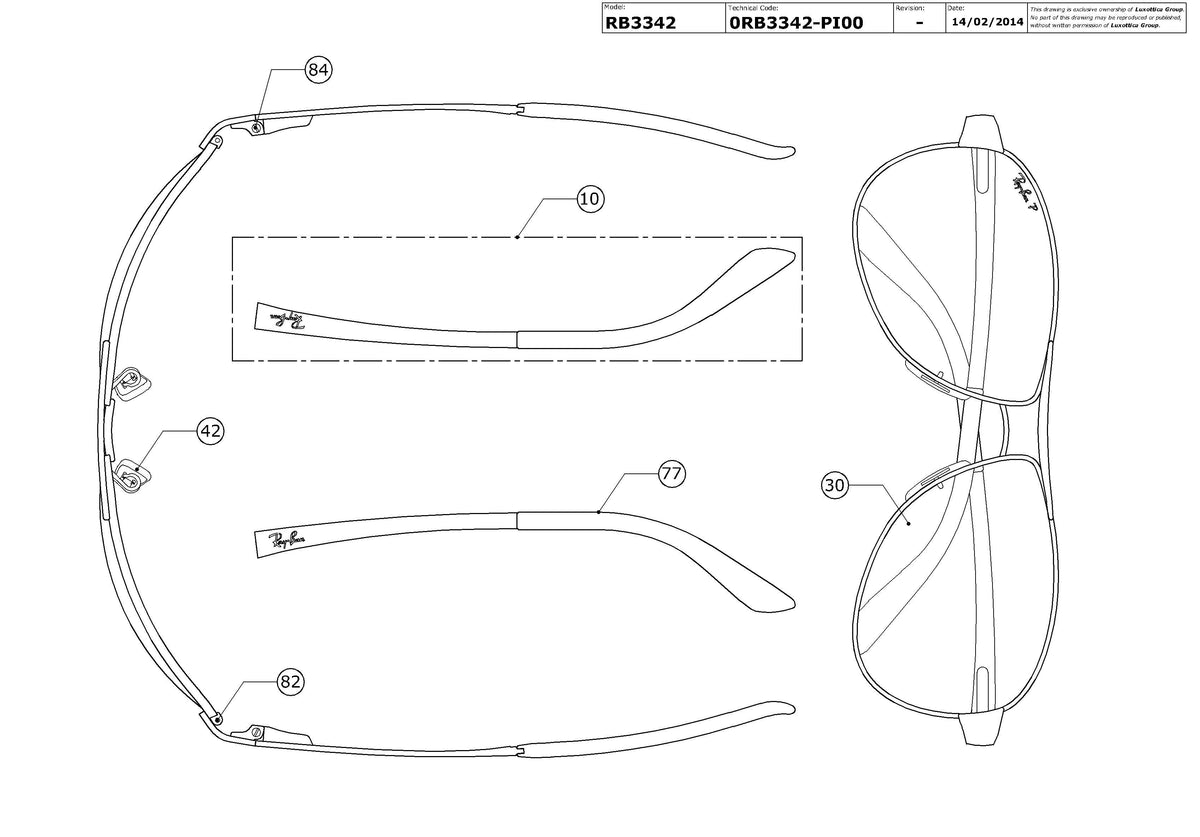 Exploded technical drawing of the Ray-Ban Warrior RB3342 Replacement Parts, with each replacement part numbered