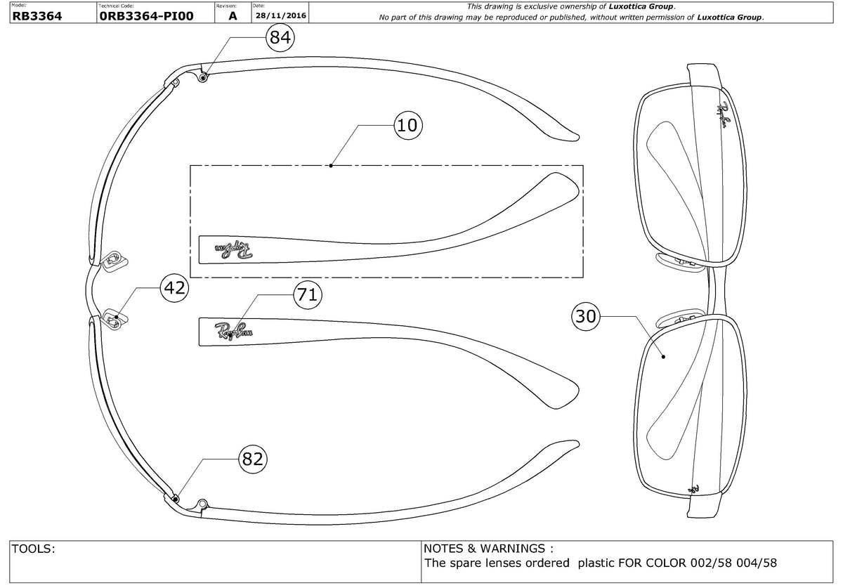 Enlarged technical drawing of the Ray-Ban RB3364 Replacement Parts