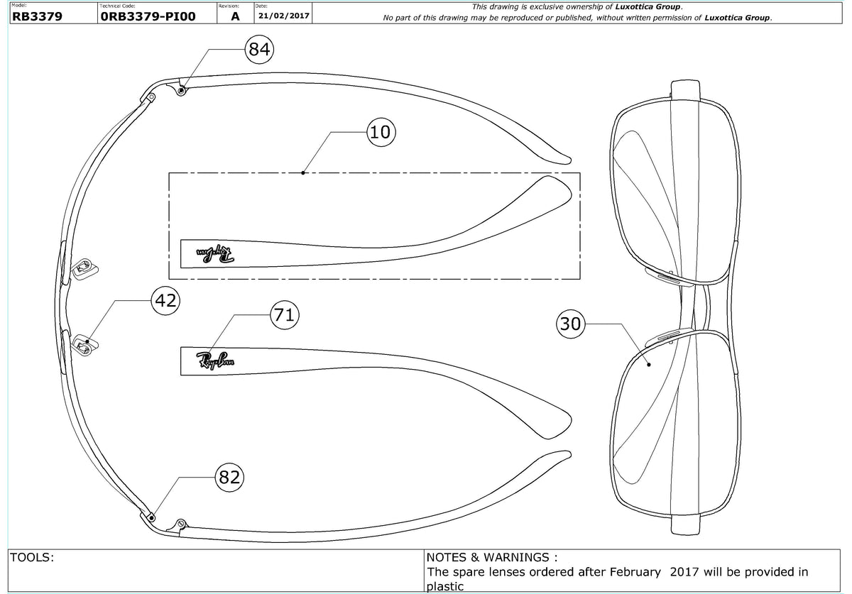 Enlarged technical drawing of the Ray-Ban RB3379 Replacement Parts