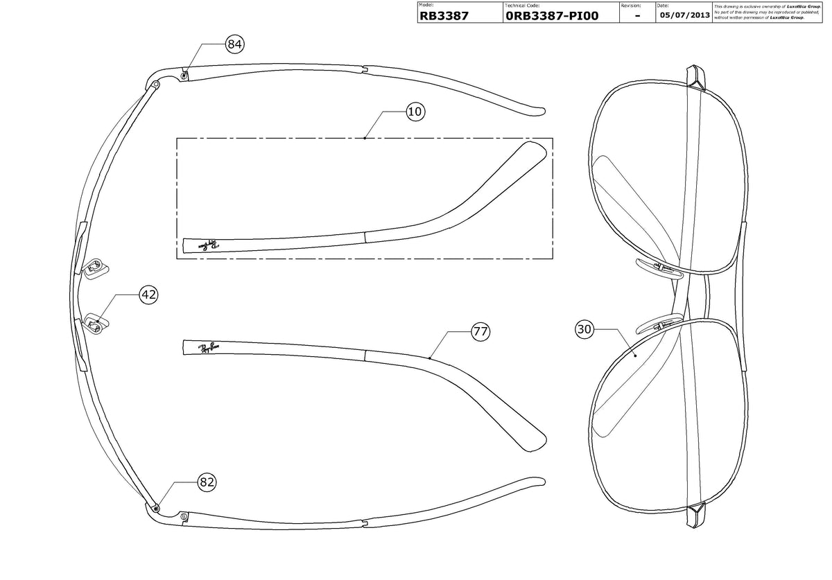 Enlarged technical drawing of the Ray-Ban RB3387 Replacement Parts