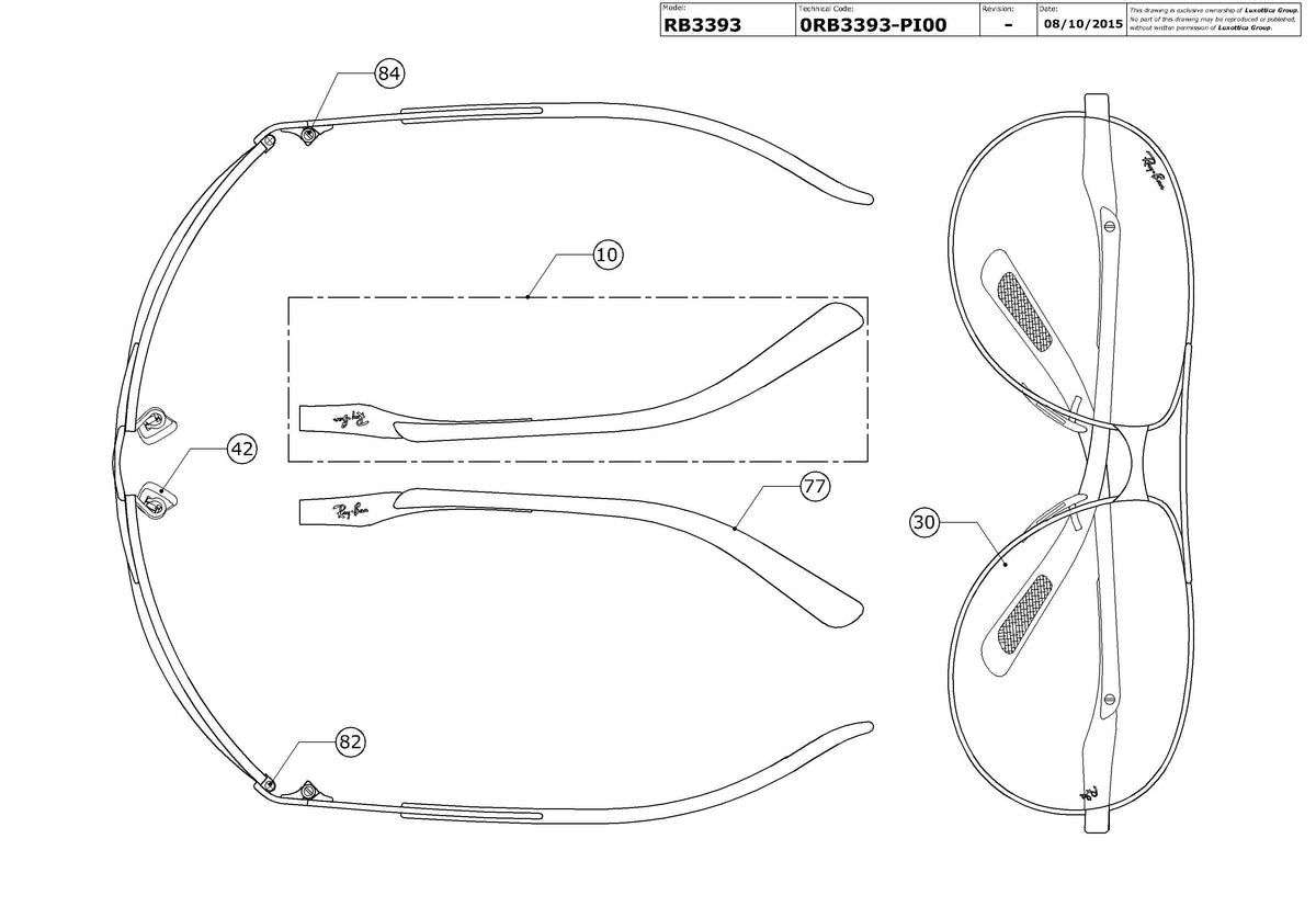 Exploded technical drawing of the Ray-Ban RB3393 Replacement Parts, with each replacement part numbered