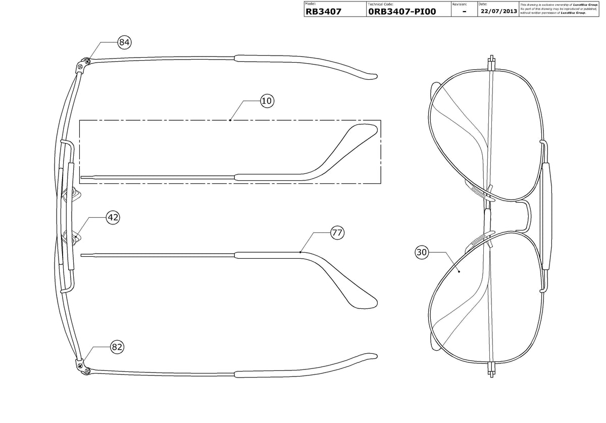 Exploded technical drawing of the Ray-Ban Outdoorsman II Rainbow RB3407 Replacement Parts, with each replacement part numbered