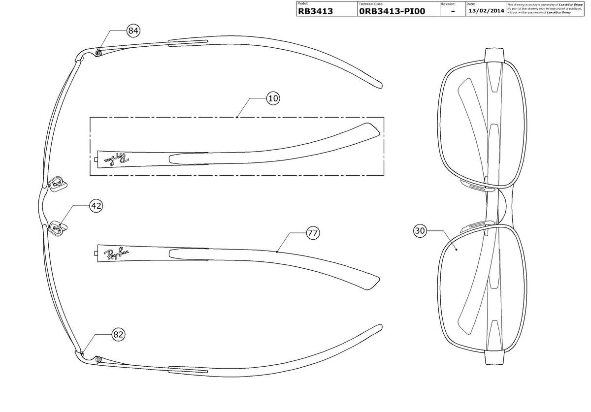 Exploded technical drawing of the Ray-Ban RB3413 Replacement Parts, with each replacement part numbered