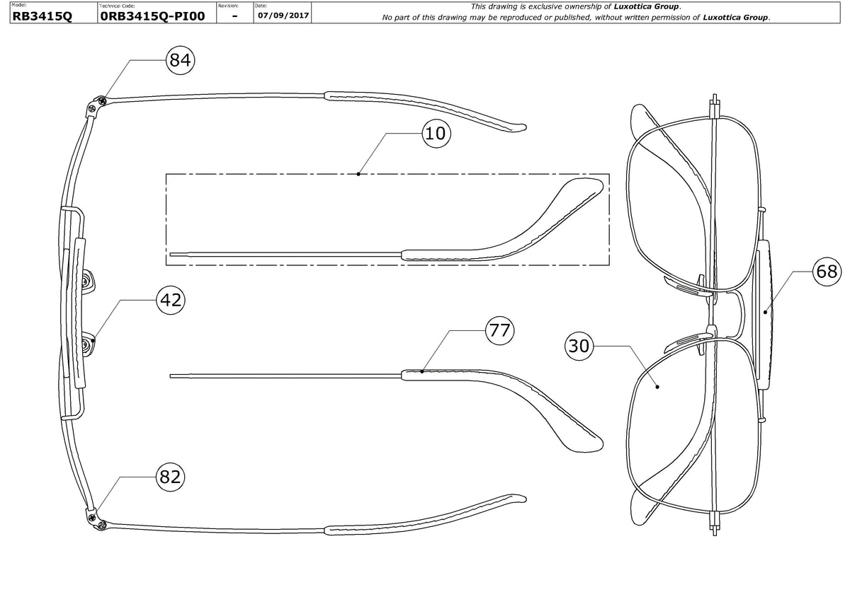 Exploded technical drawing of the Ray-Ban Caravan Craft RB3415Q Replacement Parts, with each replacement part numbered