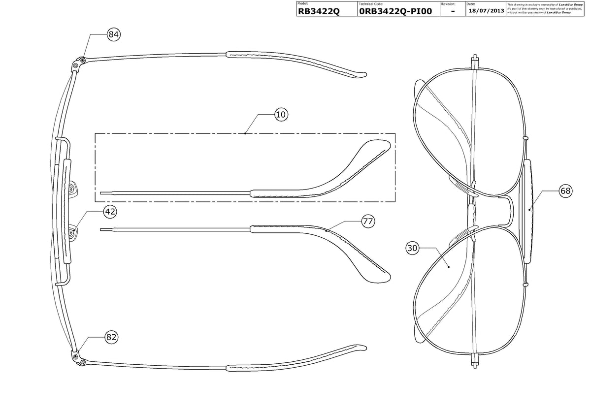Exploded technical drawing of the Ray-Ban Aviator Craft RB3422Q Replacement Parts, with each replacement part numbered