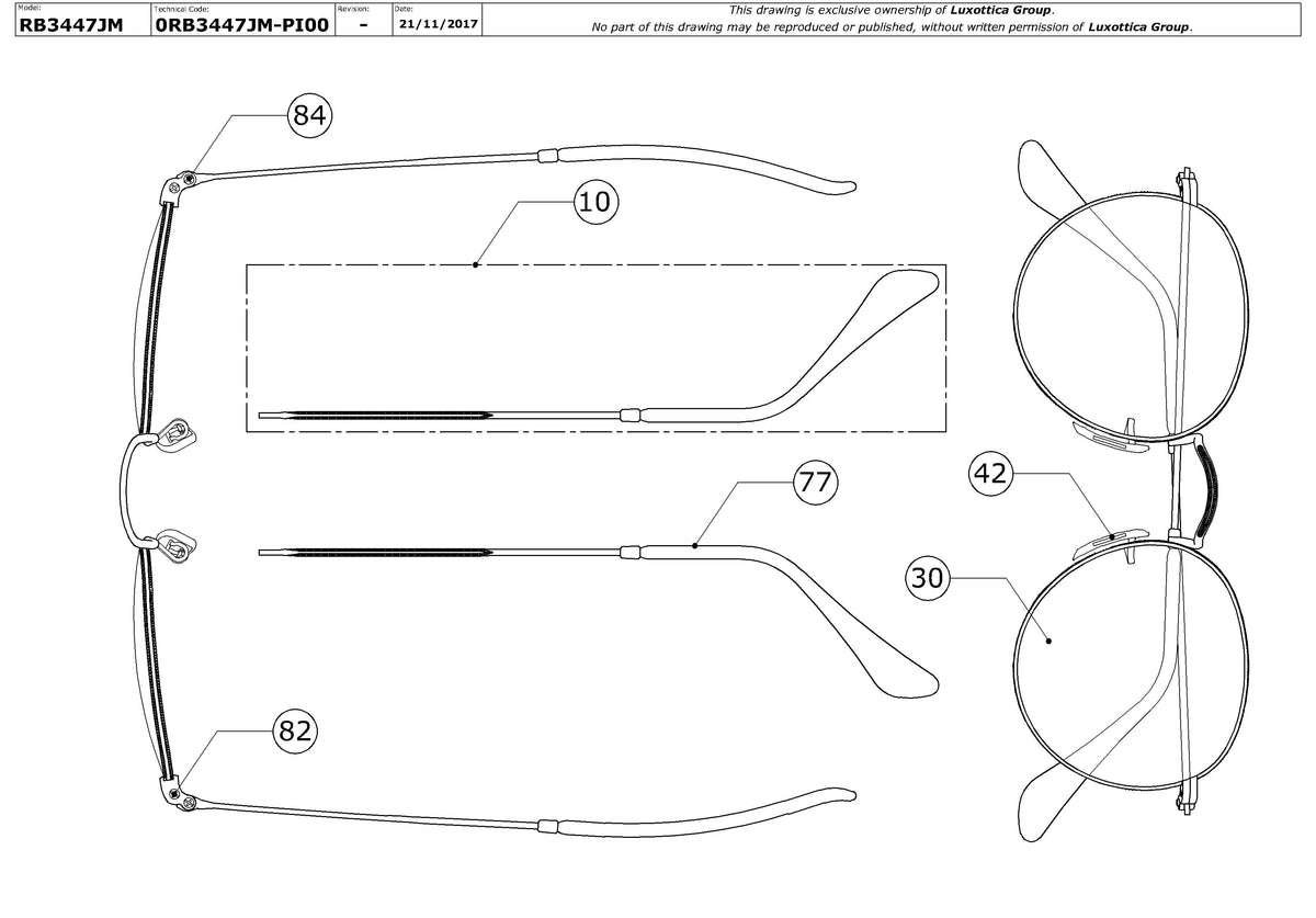 Exploded technical drawing of the Ray-Ban Round Full Color RB3447JM Replacement Parts, with each replacement part numbered