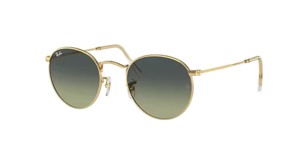 A pair of Ray-Ban round metal sunglasses with gold frames and green gradient lenses.