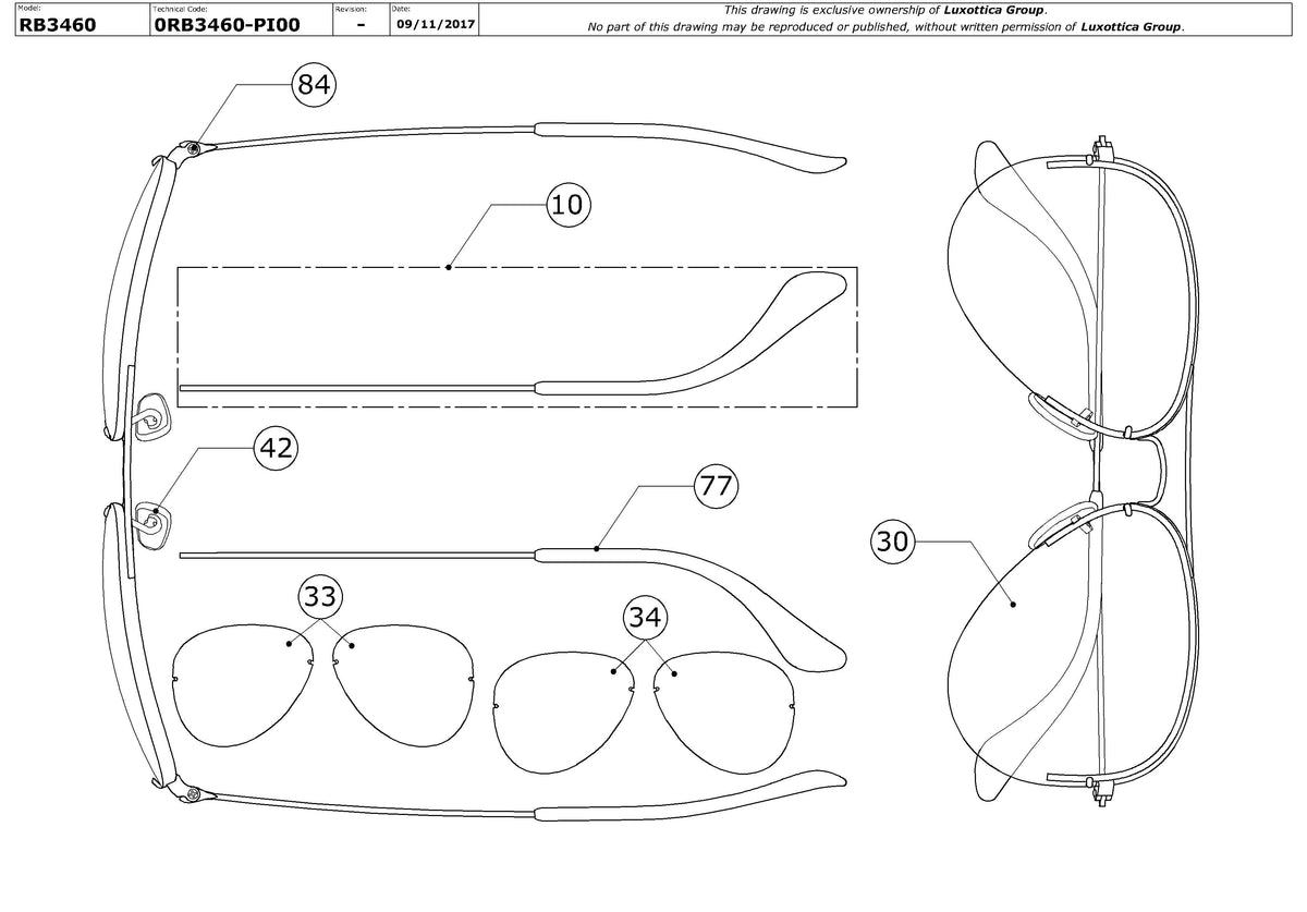 Exploded technical drawing of the Ray-Ban Aviator Flip Out RB3460 Replacement Parts, with each replacement part numbered