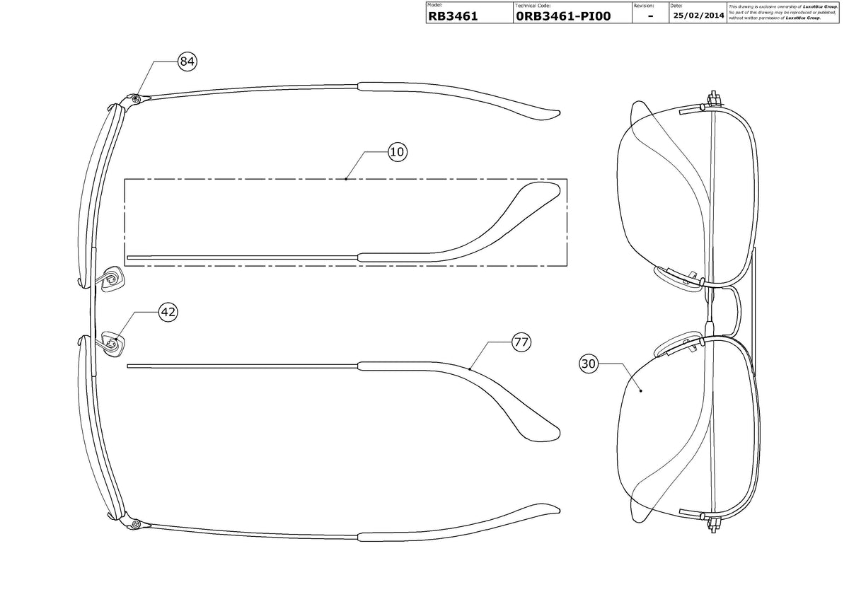 Enlarged technical drawing of the Ray-Ban Flip Out RB3461 Replacement Parts