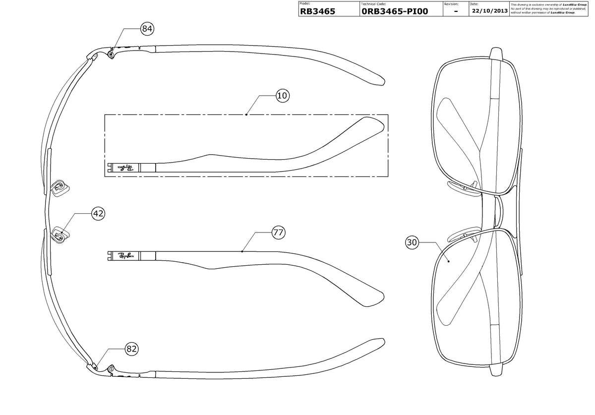 Exploded technical drawing of the Ray-Ban RB3465 Replacement Parts, with each replacement part numbered