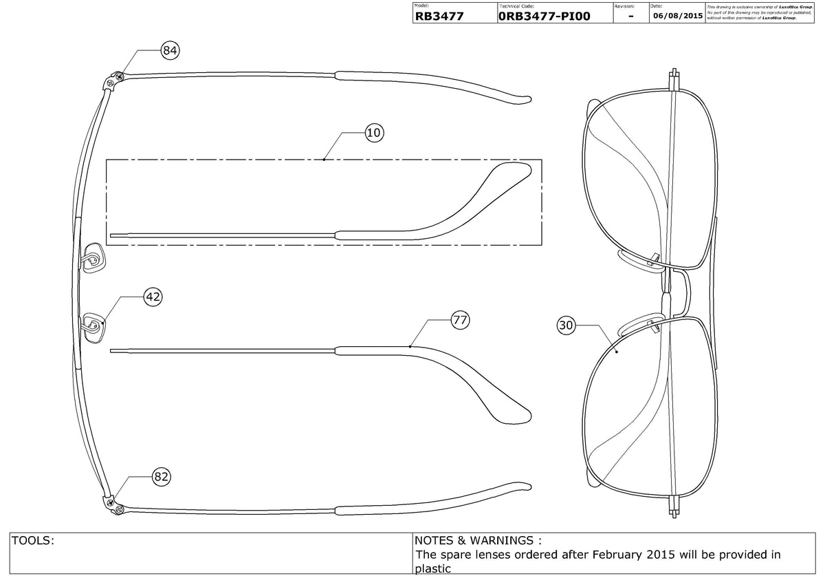 Enlarged technical drawing of the Ray-Ban RB3477 Replacement Parts