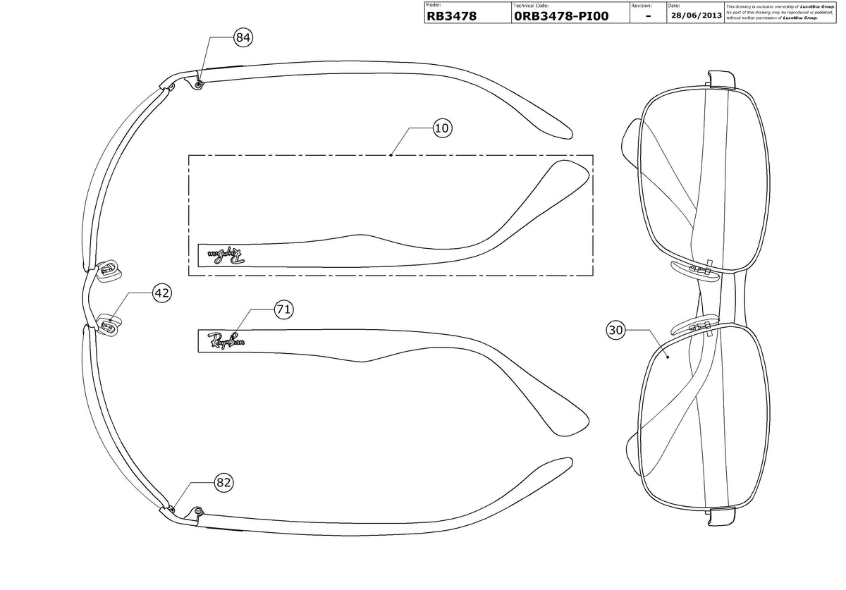 Enlarged technical drawing of the Ray-Ban RB3478 Replacement Parts