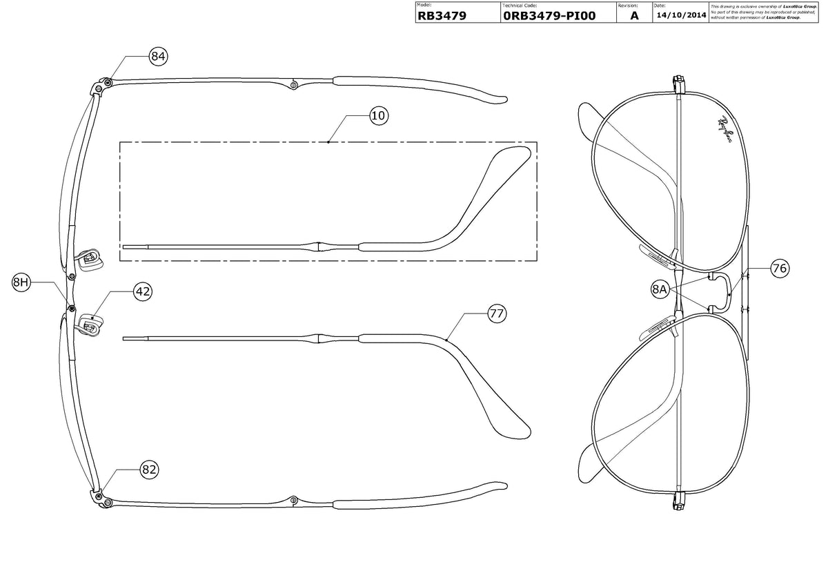 Enlarged technical drawing of the Ray-Ban Aviator Folding RB3479 Replacement Parts