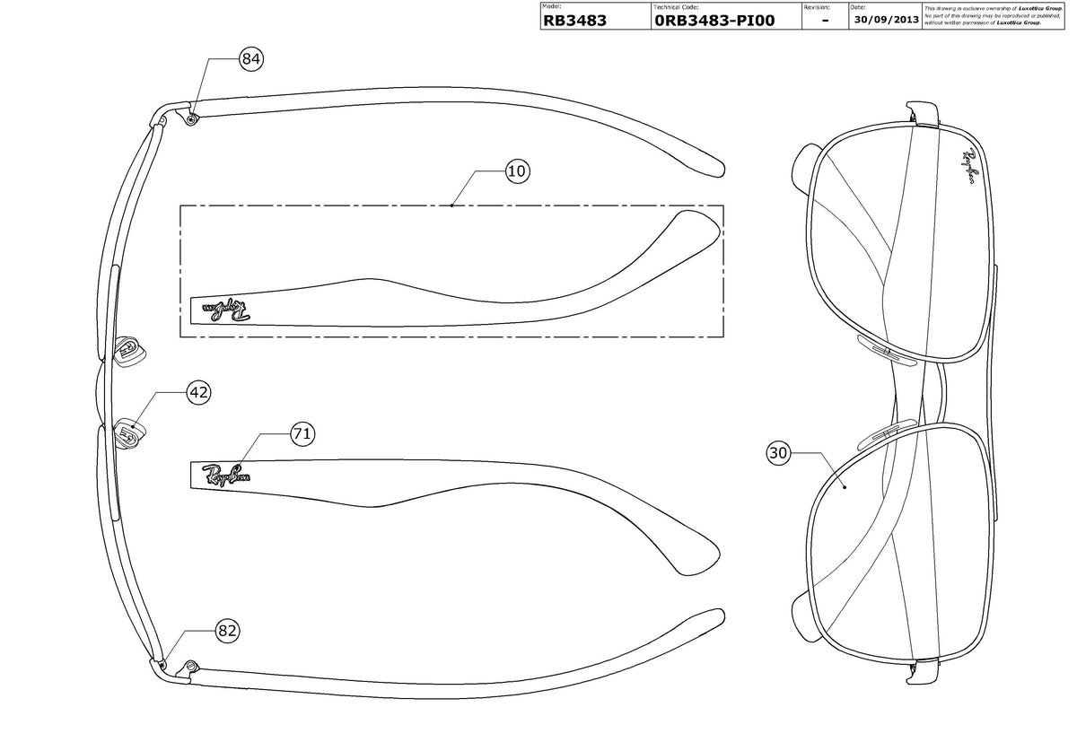 Exploded technical drawing of the Ray-Ban RB3483 Replacement Parts, with each replacement part numbered