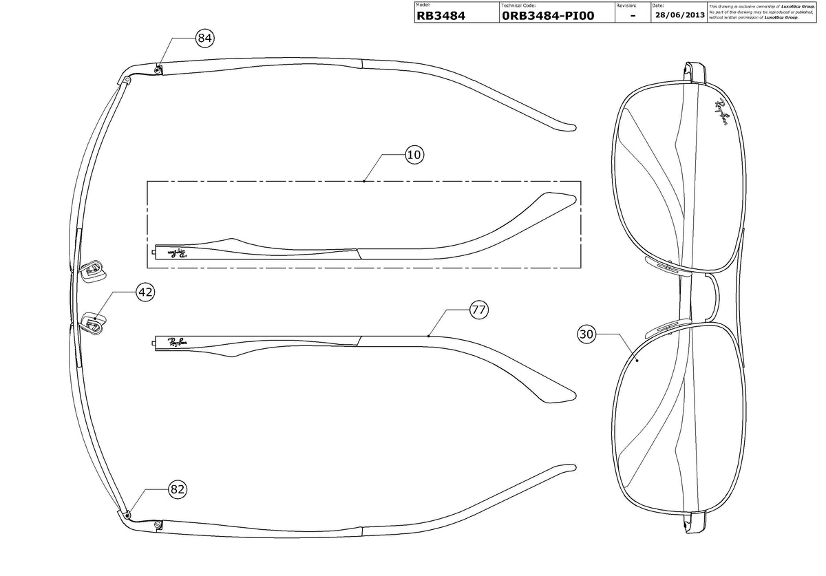 Enlarged technical drawing of the Ray-Ban RB3484 Replacement Parts