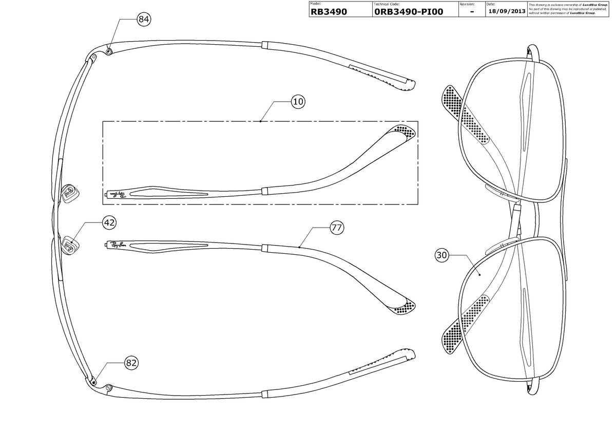 Exploded technical drawing of the Ray-Ban RB3490 Replacement Parts, with each replacement part numbered