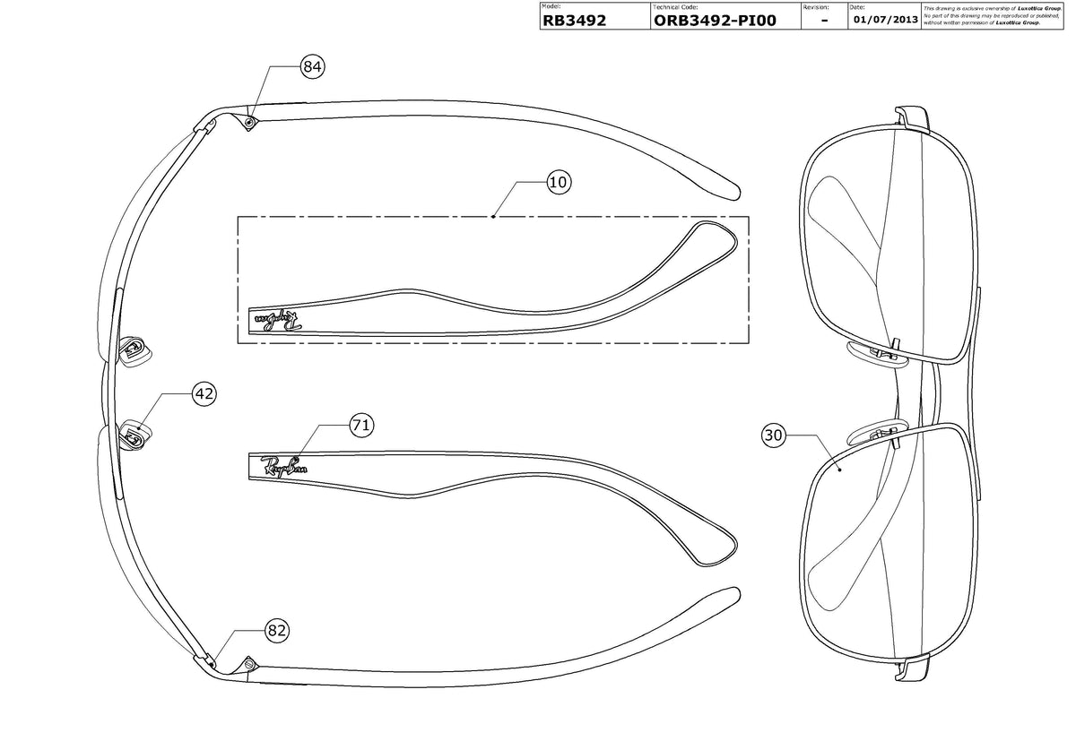 Exploded technical drawing of the Ray-Ban RB3492 Replacement Parts, with each replacement part numbered