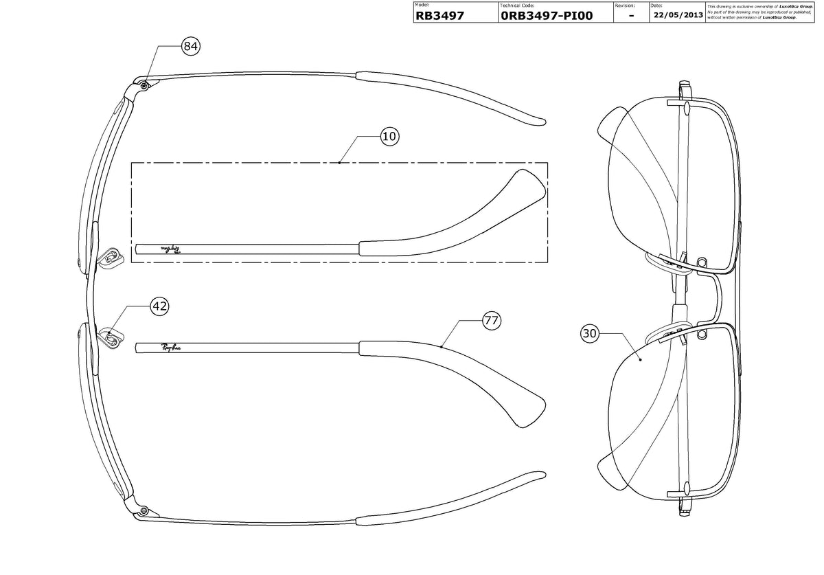 Exploded technical drawing of the Ray-Ban RB3497 Replacement Parts, with each replacement part numbered