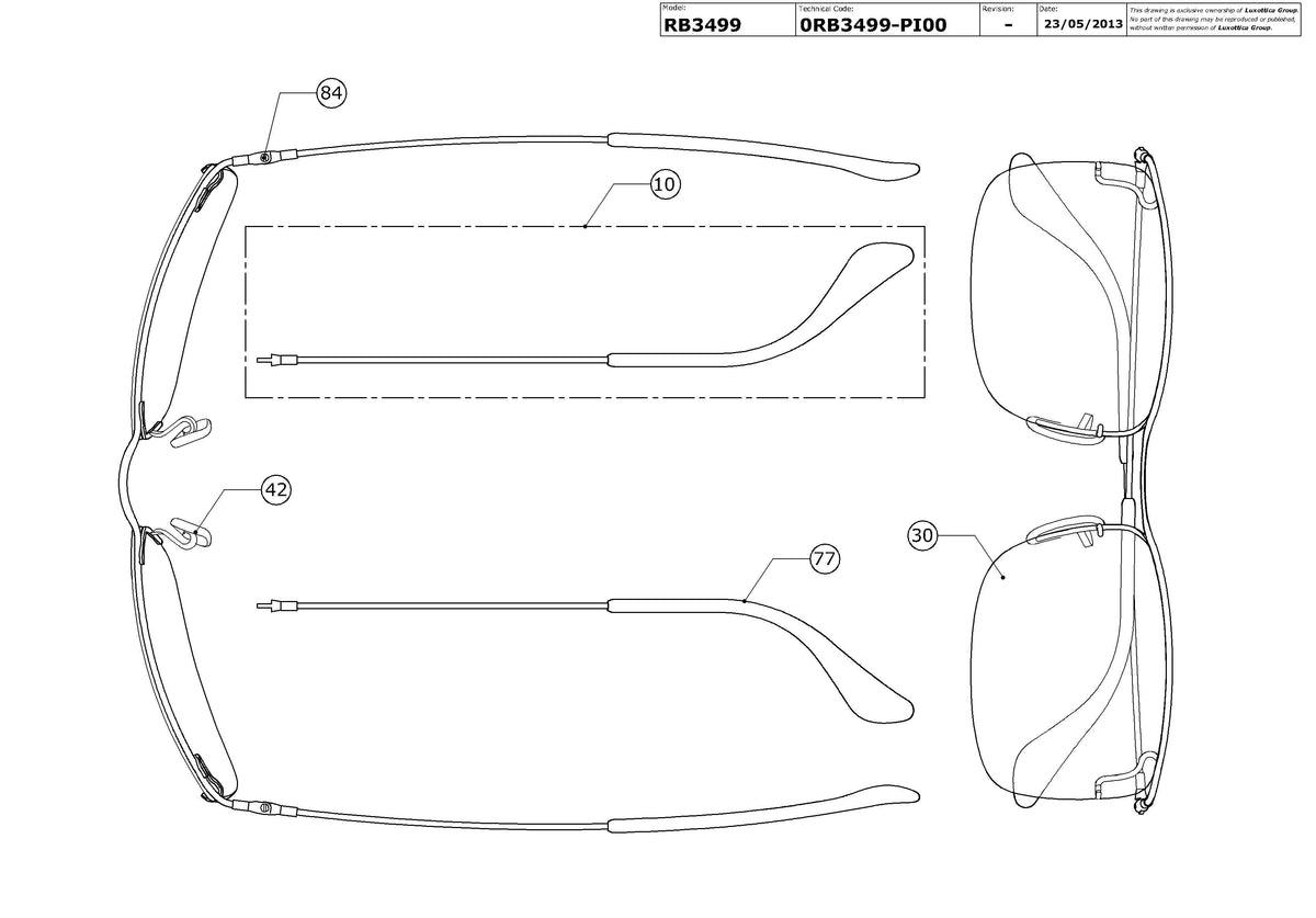 Enlarged technical drawing of the Ray-Ban Flip Out RB3499 Replacement Parts