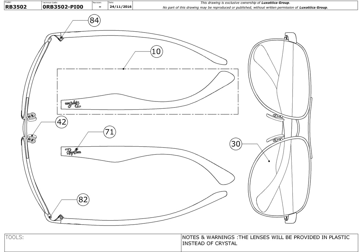 Enlarged technical drawing of the Ray-Ban RB3502 Replacement Parts