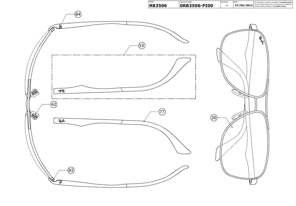 Exploded technical drawing of the Ray-Ban RB3506 Replacement Parts, with each replacement part numbered