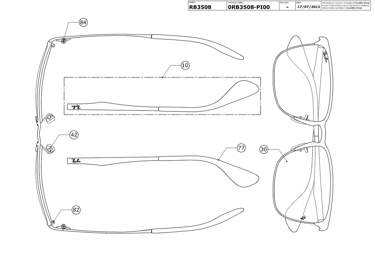 Exploded technical drawing of the Ray-Ban RB3508 Replacement Parts, with each replacement part numbered