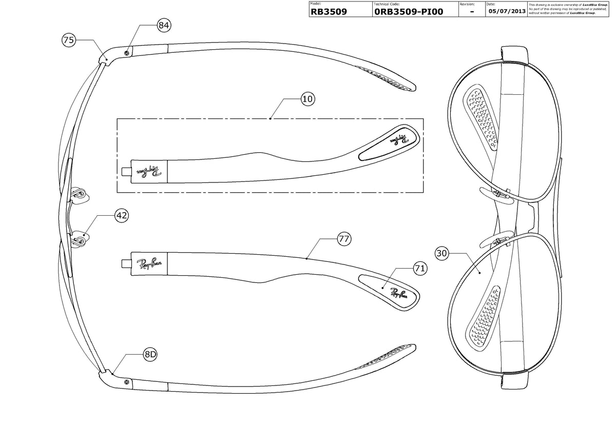 Enlarged technical drawing of the Ray-Ban RB3509 Replacement Parts