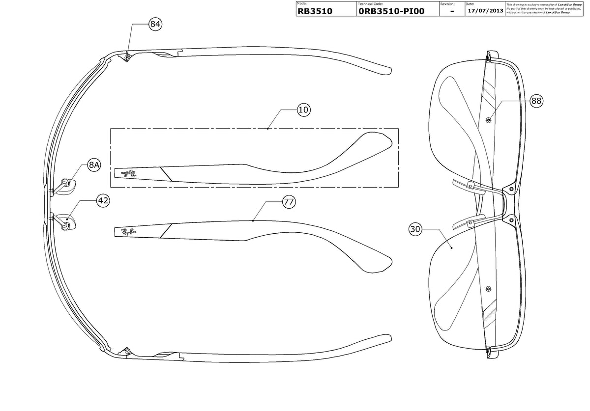 Enlarged technical drawing of the Ray-Ban RB3510 Replacement Parts