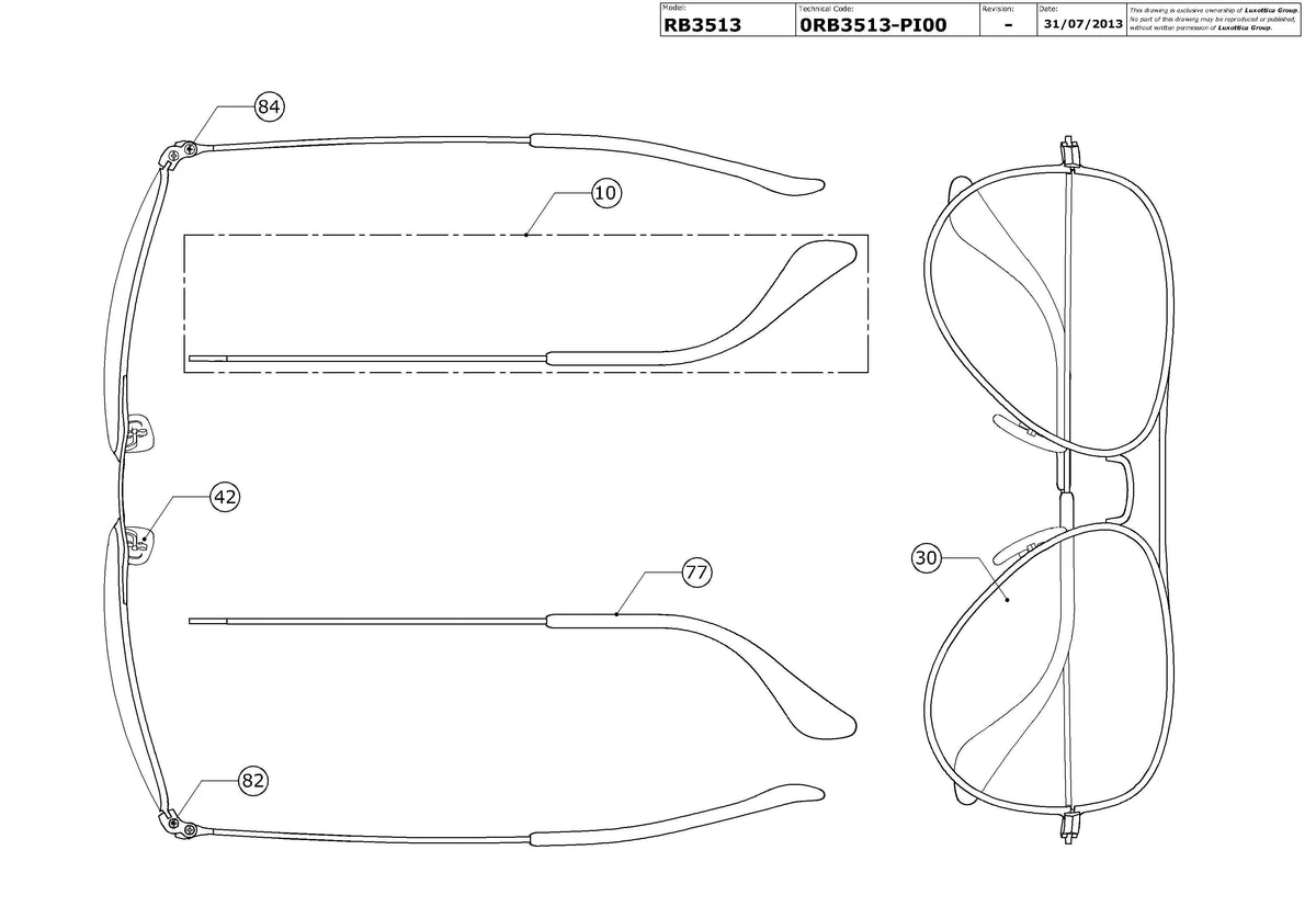 Exploded technical drawing of the Ray-Ban Aviator Flat Metal RB3513 Replacement Parts, with each replacement part numbered
