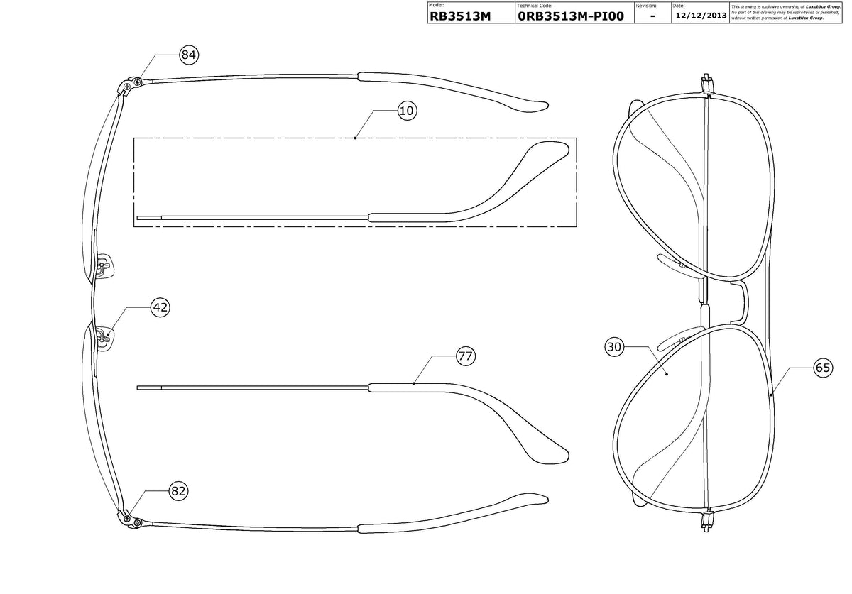 Enlarged technical drawing of the Ray-Ban Aviator Flat Metal (M) RB3513M Replacement Parts