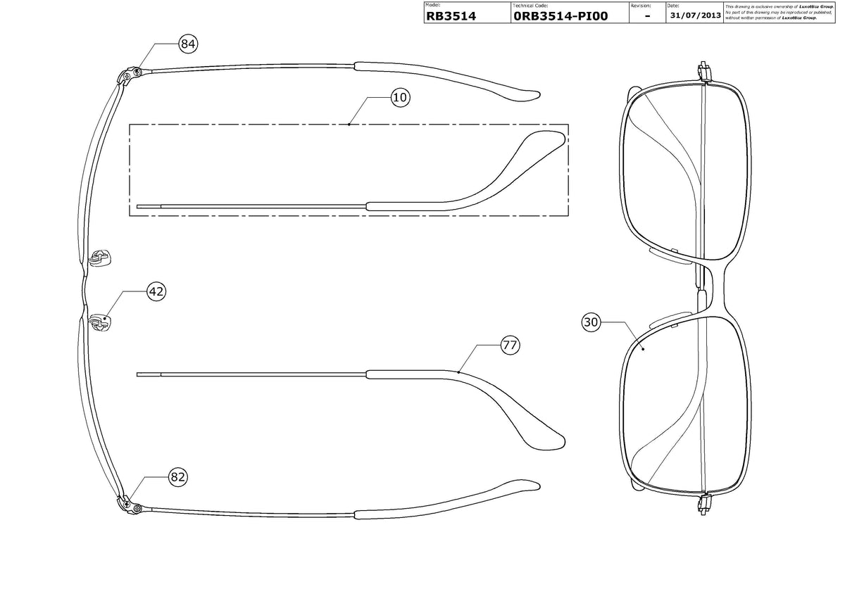 Exploded technical drawing of the Ray-Ban RB3514 Replacement Parts, with each replacement part numbered