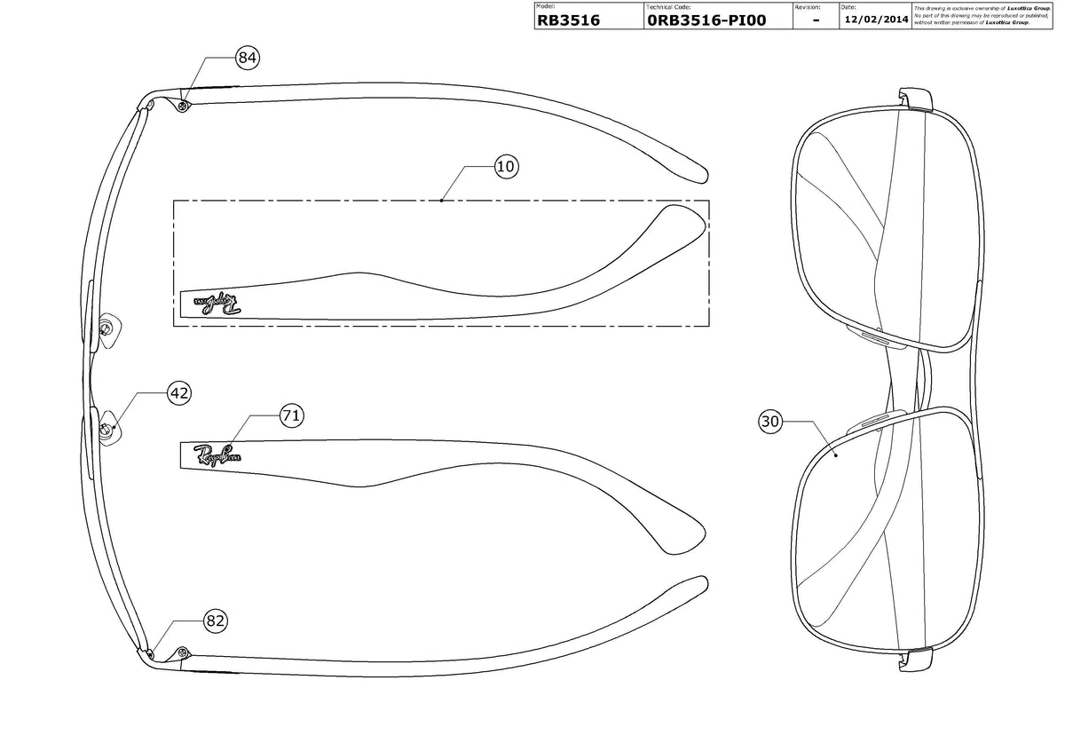 Exploded technical drawing of the Ray-Ban RB3516 Replacement Parts, with each replacement part numbered