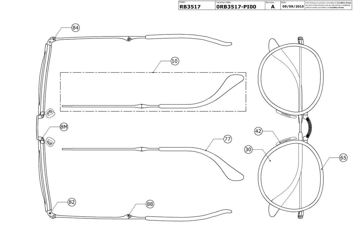 Enlarged technical drawing of the Ray-Ban Round Folding I RB3517 Replacement Parts