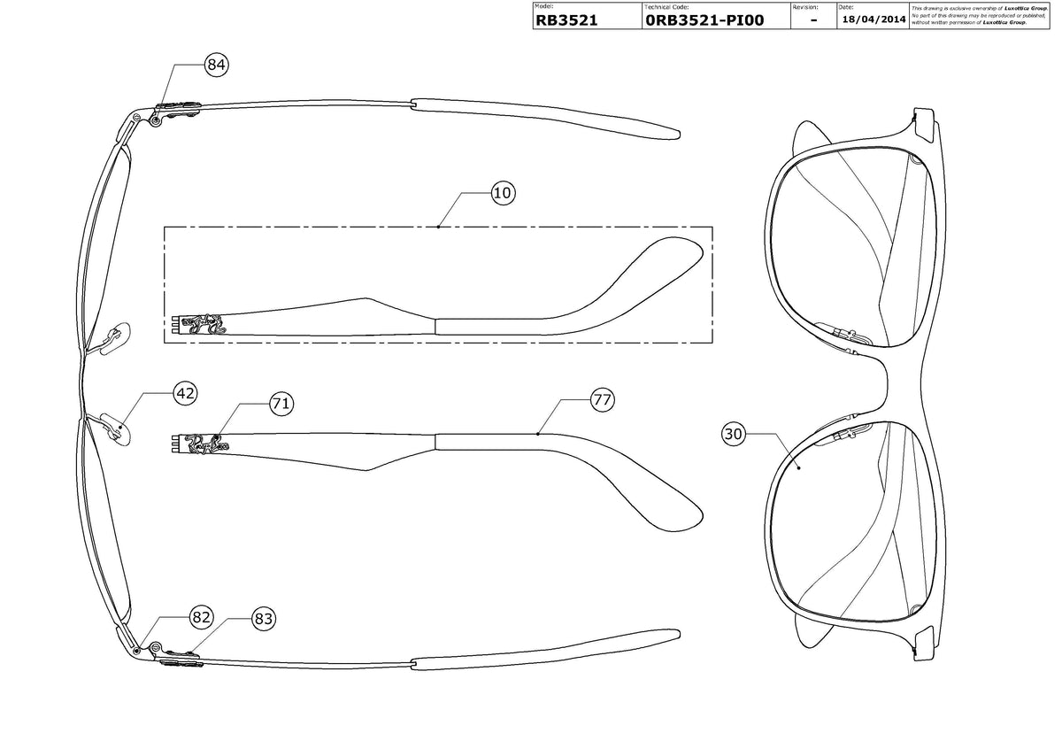 Exploded technical drawing of the Ray-Ban RB3521 Replacement Parts, with each replacement part numbered