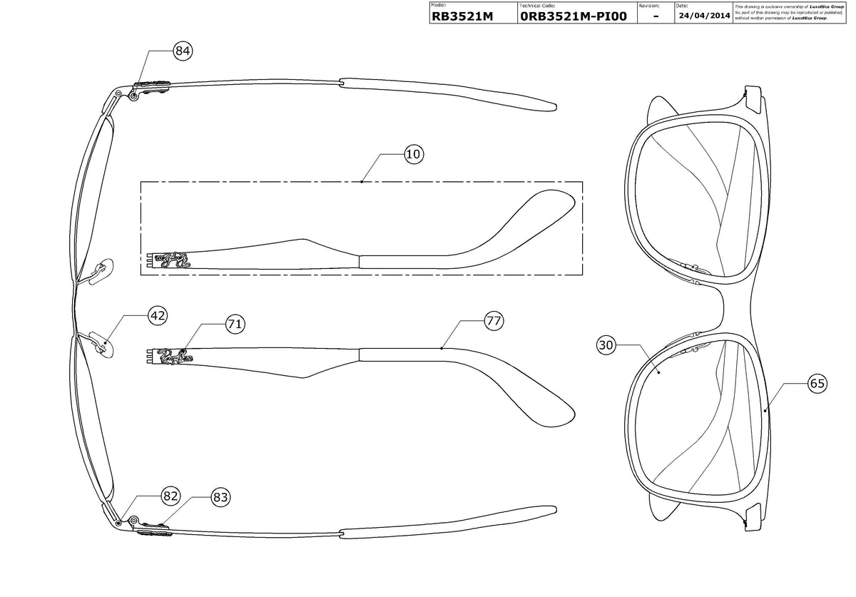 Enlarged technical drawing of the Ray-Ban RB3521M Replacement Parts