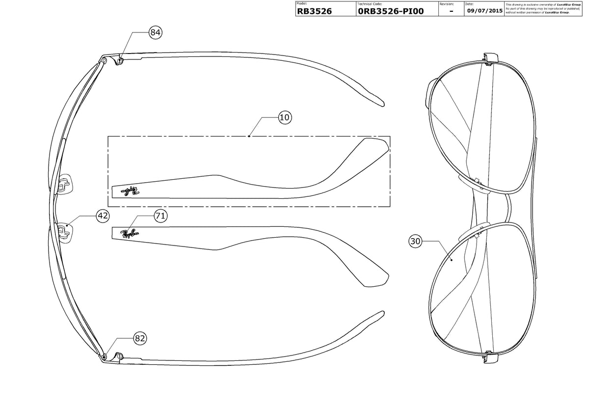 Exploded technical drawing of the Ray-Ban RB3526 Replacement Parts, with each replacement part numbered