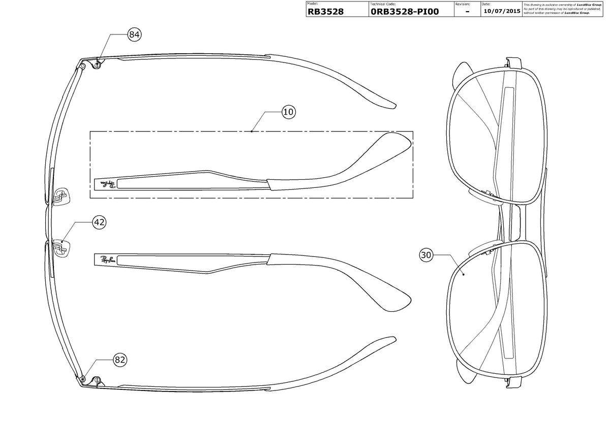 Enlarged technical drawing of the Ray-Ban RB3528 Replacement Parts