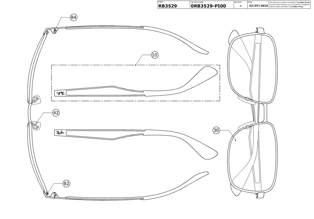 Exploded technical drawing of the Ray-Ban RB3529 Replacement Parts, with each replacement part numbered