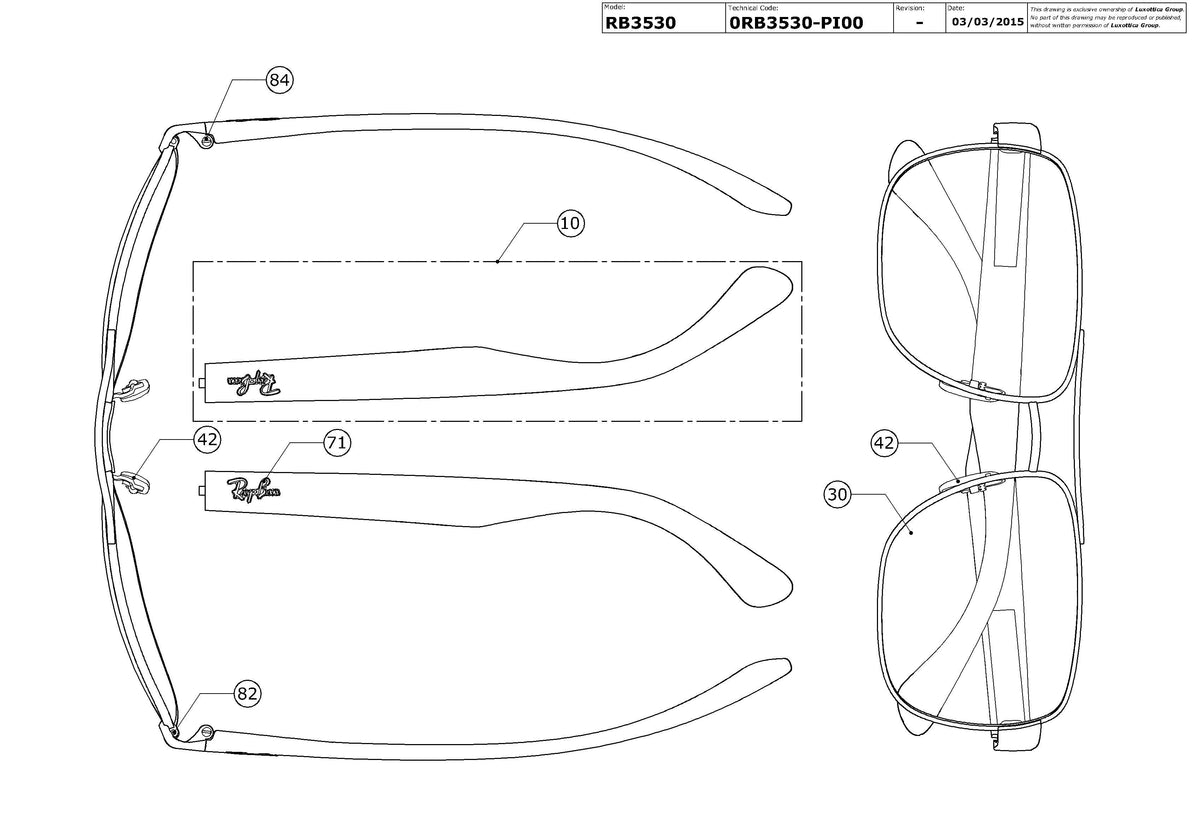 Enlarged technical drawing of the Ray-Ban RB3530 Replacement Parts