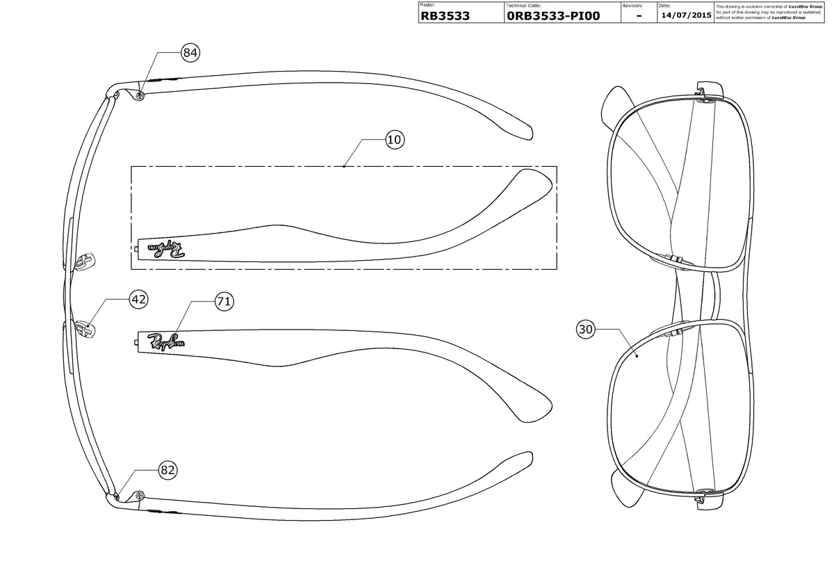 Exploded technical drawing of the Ray-Ban RB3533 Replacement Parts, with each replacement part numbered
