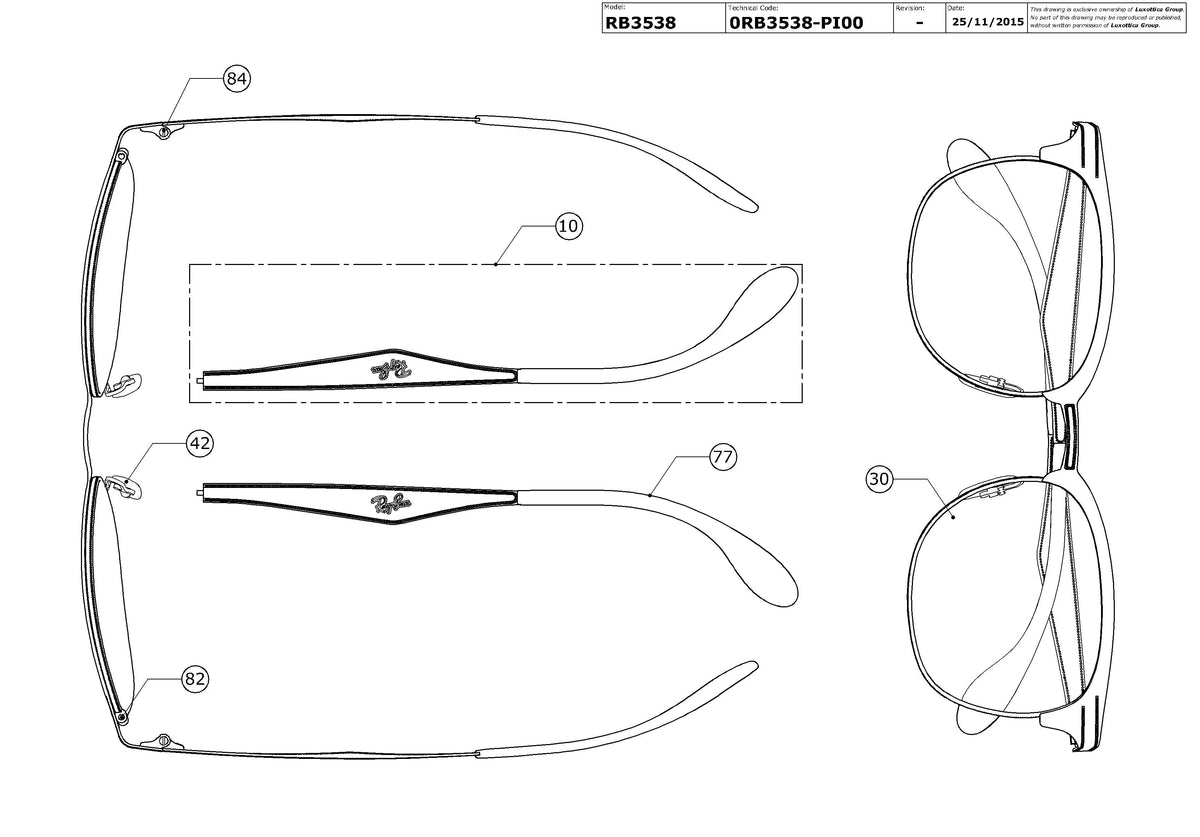 Exploded technical drawing of the Ray-Ban RB3538 Replacement Parts, with each replacement part numbered